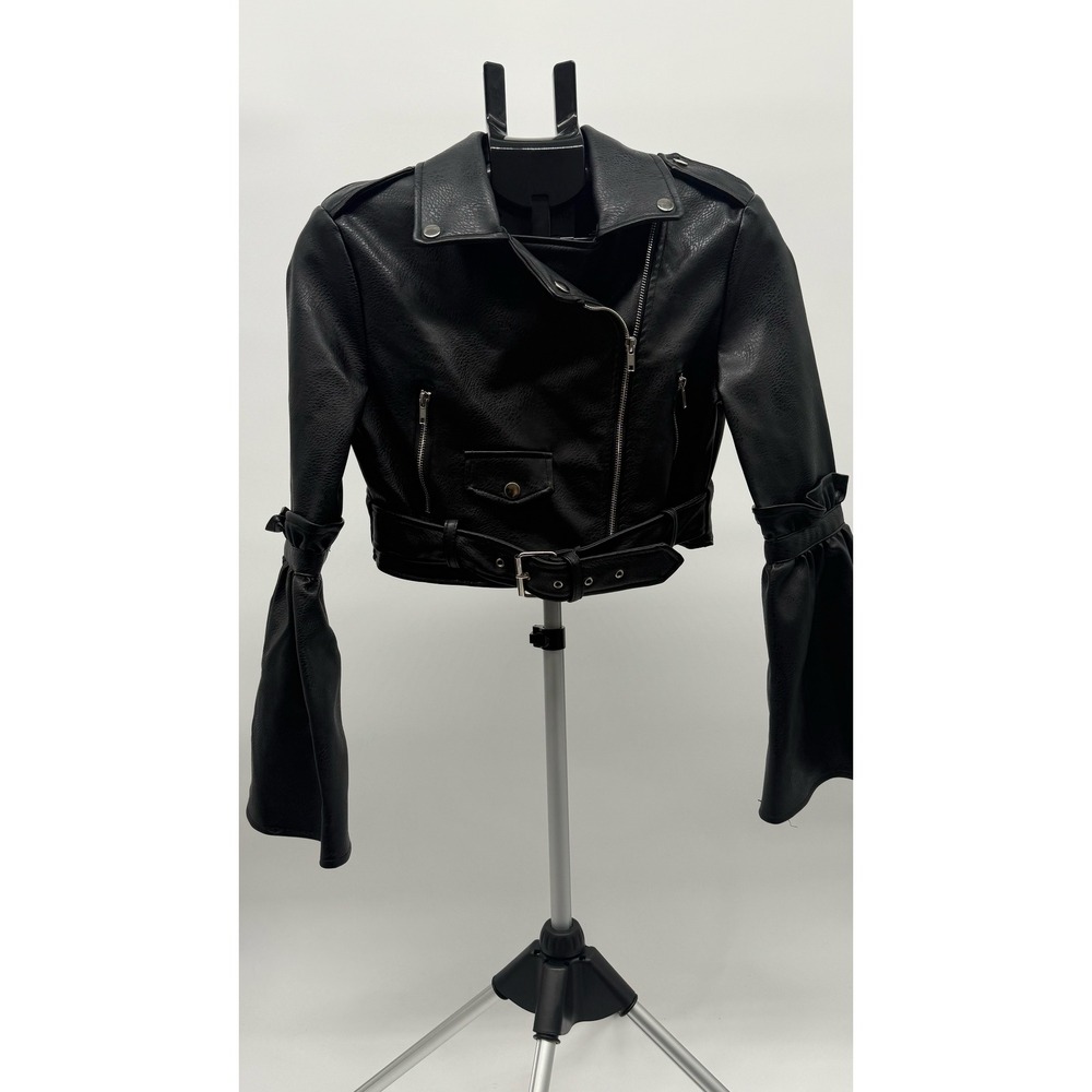 Azalea Wang Black Faux Leather Cropped Moto Jacket Flared Bell Sleeve Small NWT